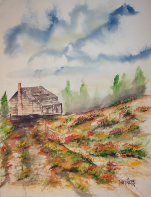 barn and flowers aceo watercolor painting
